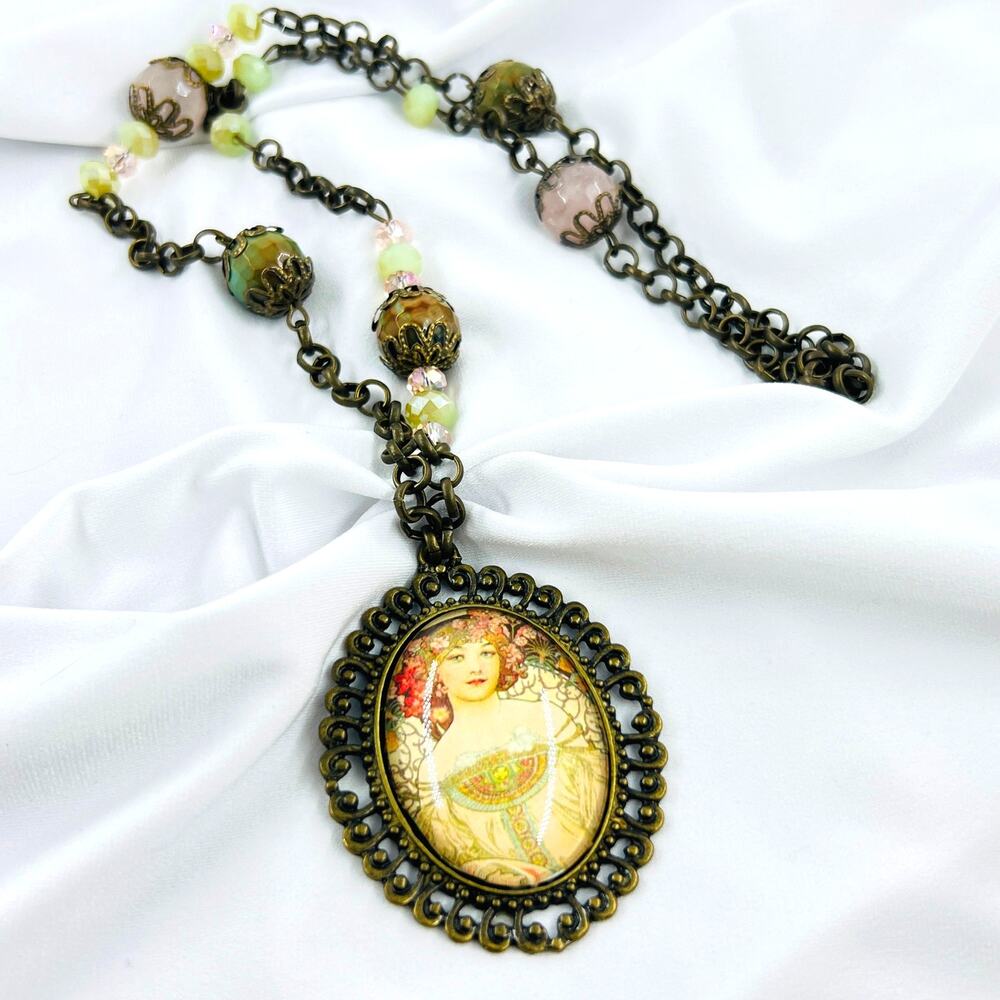 Fairycore Art Nouveau Portrait Necklace Cottagecore Romantic Whimsical Pendant